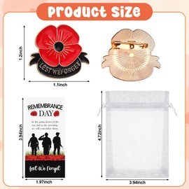 30 Set Red Poppy Lapel Pin Memorial Cards and Organza Bags Poppy Flower Bouquet Shape Brooch Pin Apparel Badges for Veterans Day Memorial Day Remembrance Day Women Men Girl
