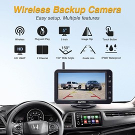 AMTIFO Wireless Backup Camera Touch Key - 5 Inch Split Screen Monitor Truck Rear View Camera Waterproof Clear Night Vision Car Rever Camera System DIY Guide Lines A6