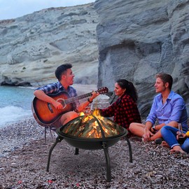 Outdoor Fire Pit Fireplace Portable Firepit Iron Brazier Wood Burning Coal Pit Fire Bowl Stove with Mesh Screen Lid Poker for Camping Patio Garden Backyard Beach Picnic (21.65" x 21.65" x 15.75")