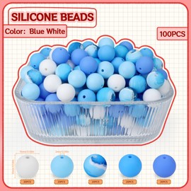 SALUOKE 100 Pcs 15mm Silicone Beads for Keychain Making, Pink Gream Silicone Beads Bulk Round Beads for Bracelets Pens Crafts Jewelry Making (Blue White)