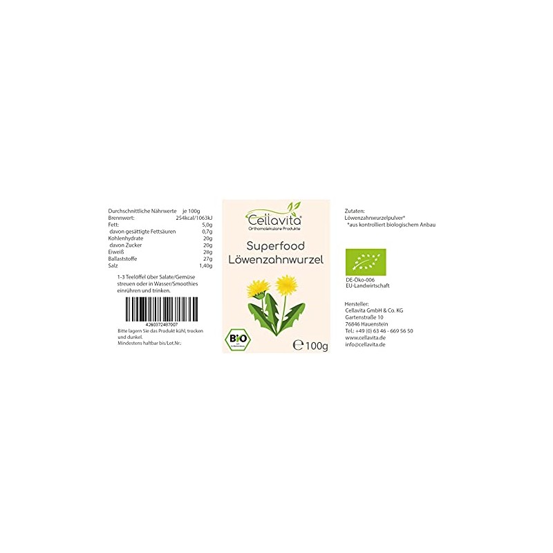 Cellavita Superfood Dandelion Root Extract Organic Powder Organic & Vegan