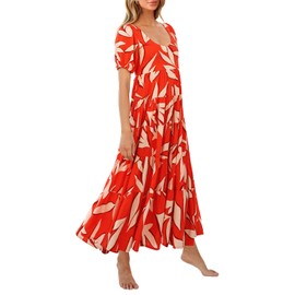 PRETTYGARDEN Womens Dresses Summer 2024 Puff Sleeve Plus Size Maxi Dress for Women Beach Vacation Flowy Long Sun Dress (Orange White Flower,X-Large)