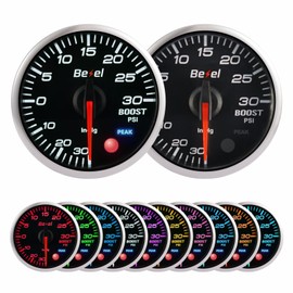 Bezel Boost Gauge -30inHg~30Psi Black Indash Brushless Series 2-1/16'' (52mm) Clear Lens - Includes Electrical Sensor - Fast Response Rate - 10 Colors - for car & Truck - 270° Sweep - JDM - USDM