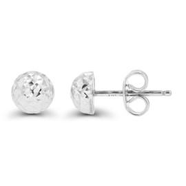 Solid 14K White Gold Diamond Cut Half Ball Stud Earrings With 14K Gold Backs, 6mm