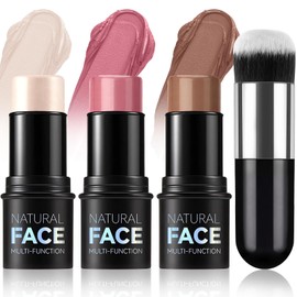3Pcs Contour Highlighter Blush Sticks, Bronzer Contour Beauty Wand with Brush, Highlighter Cream Blush Stick, Long Lasting Smooth Waterproof Lightweight Multi Stick Face Makeup Set for All Skin
