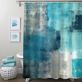 MitoVilla Teal Shower Curtain 72 x 78, Green Grey Long Shower Curtain Set with Hooks, Abstract Grunge Style Fabric Shower Curtain 78 inches Long, Paint Brush Shower Curtain for Bathroom Decor