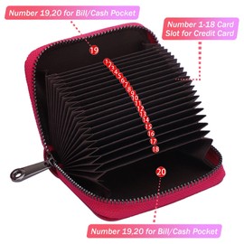 Goopai RFID 20 Card Slots Credit Card Holder Genuine Leather Accordion Card Case Small Wallet for Women or Men with Zipper (New-Rose Red)