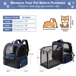 Lekebobor Extra Large Cat Backpack Carrier Expandable Pet Carrier Backpack for Small Dogs Medium Cats Fit Up to 18 Lbs, Dog Backpack Carrier, Foldable Puppy Backpack Carrier for Travel, Hiking,Blue