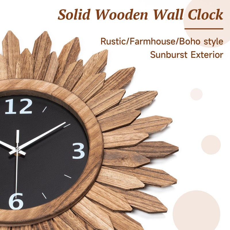Honiway 16 Inch Wall Clocks, Rustic Wood Boho Sunburst Decorative