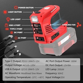 Wechselrichter für Einhell 18V Akku，DC 18V auf AC 220V Spannungswandler Adapter mit USB Typ-C DC12V Anschluss und LED Lampe,Notstromaggregat für Camping