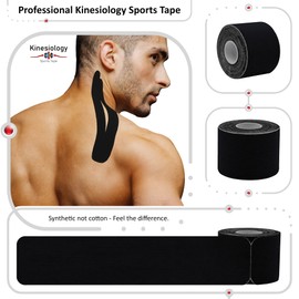 Kinesiology Tapes Pre Cut with Dispenser - Synthetic Sports Muscle Tape - Black - 5m Pre-Cut 20 Strips - Physiotherapy Tape for Face, Neck, Shoulder, Back, Elbow, Wrist, Thigh, Knee, Calf & Ankle