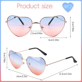 Pack of 3 Heart Party Glasses, Colourful Sunglasses Heart, Hippie Colourful Party Glasses, Sunglasses 70s 80s Women, Men, Sunglasses Carnival, Funny Glasses for Carnival Photo Props Birthday