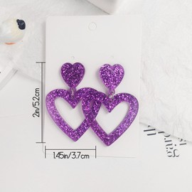 Glitter Heart Earrings Acrylic Double Heart Dangle Earrings for Women Valentines Day Jewelry Gift for Girlfriend Wife (Purple)