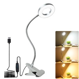 DLLT 6W LED Desk Light with Clamp, Dimmable Reading Light with 3 Color Modes and 15 Brightness Dimmer, Flexible Gooseneck Clip Book Light for Bed Headboard, Drafting Table, Bedside, 960LM, Silver