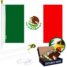 UD_G128 Combo Pack: 5 Ft Tangle Free Aluminum Spinning Flagpole (White) & Mexico Mexican Flag 2.5x4 Ft, Double ToughWeave Series