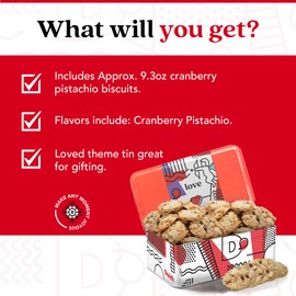 David's Cookies Cranberry Pistachio Biscuits Sweet Sampler in Love Tin - 9.3oz Irresistible Crunch, Snacks & Bakery Treats - Ideal for Snacking & Gifting - Delicious Gourmet Gift For All Occasions