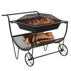 Happygrill Fire Pit with Firewood Rack and Wheels, Multifunctional Wood Burning Fire Pit with Mesh Lid & Grill for Patio Garden Poolside