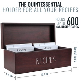 Apace Living Large Walnut Recipe Box with Cards and Dividers by Apace - Vintage Style Wood 4x6 Recipe Holder Card Box - Exclusively from the Premier Collection - XL Size Fits up to 600 Cards