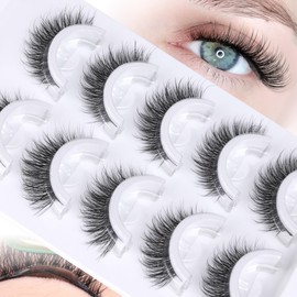 Zegaine Self Adhesive Eyelashes Natural Look Wispy Self Adhesive Lashes Cat Eye Pre Glued Lashes D-Curly Glueless Lashes No Glue Needed Wispy False Eyelashes 5 Pairs