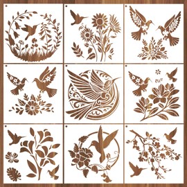 AFRITEE Hummingbird Stencils for Painting Reusable - 9 Pcs Cardinal Bird Reusable Craft Template on Wood for Home Decor, Floral Painting Stencil DIY Home Wall Floor Holiday Decorations