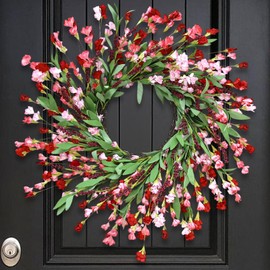 MSMUH 24" Spring Wreaths for Front Door Not Withering Artificial Floral Wreath with Wildflowers Summer Decorations for Indoor Outdoor Window Wall Farmhouse Porch Wedding Easter Home Decor Red Pink