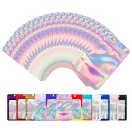 100 Pack Mylar Bags with Clear Window,Food Storage Smell Proof Bags,Scratch Resistant Hand Holographic Packaging,Resealable Bags for Small Bussiness Cookies Candy Sample (Holographic, 3.54*6.31 inch)