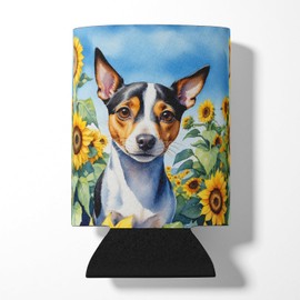 Caroline's Treasures Rat Terrier in Sunflowers Can or Bottle Hugger Cooler Washable Drink Sleeve Collapsible Beverage Insulated Holder, Can Hugger, Multicolor
