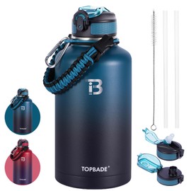TOPBADE Insulated Water Bottle 64 oz, Double Wall Vacuum Stainless Steel (Cold for 48 Hrs), Leak Proof & BPA-Free, Half Gallon Water Flask Jug with Paracord Handle & Straw Spout Lids