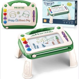 XIESHIWEN - Pizarrones Magicos para Niños, Tablero de dibujo magnético de Color con 4 corchetes, 4 formas de sellos, Bolígrafo conector de 9 cm, Regalos y juguetes de viaje para Niños y Niñas, Verde