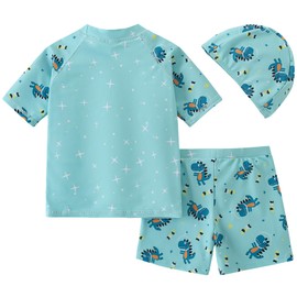 AIWUHE Toddler Boys Swimsuit Set Rash Guard Boys' Swimwear Two Piece Bathing Suit and Swim Trunk Short Sleeve Sunsuit with Hat UPF 50+ D15 Green Dinosaur 3XL 6-7Y