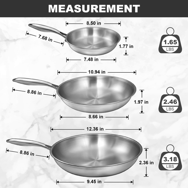 EWFEN Tri-Ply Stainless Steel Frying Pans Set, 8”/10”/12” Cooking pans,