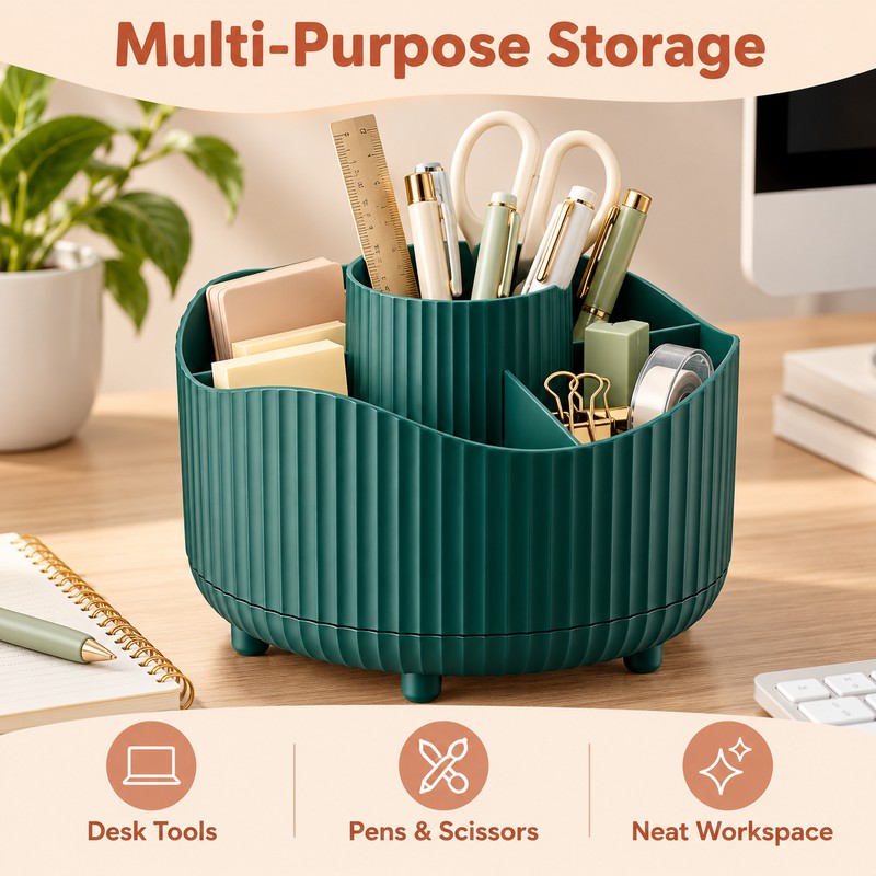 360° Rotating Makeup Organizer for Vanity – Green 5-Compartment Cosmetic