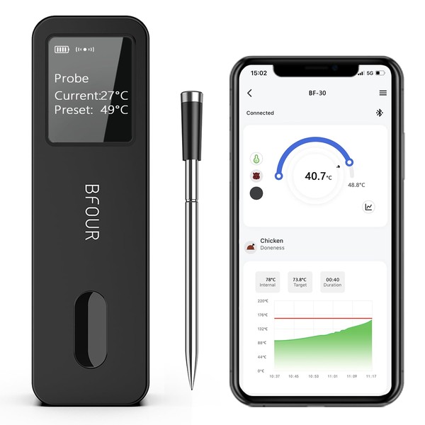 BFOUR Bluetooth Meat Thermometer Wireless with Waterproof Meat Probe, Wireless