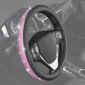 Carbella Bling Bling Glitter Diamond Leather Steering Wheel Cover with 9 Rows Crystal Rhinestones, Fits Wheels 14.5-15 inch for Women/Girls Crystal Rhinestones - Pink/Purple