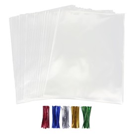 50Pcs Cellophane Bags, Cello Cellophane Treat Bags 8x10 Plastic Gift Bags for Packaging Cookies, Pretzel Rod, Sandwich, Candy, Chocolate, Clear Party Favor Bags with Ties