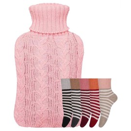 2L Hot Water Bottle with Cover UK & 5 Pairs of Warm Comfy Wool Socks - Natural Rubber 2 Litre Hot Water Bottle Inc x5 Pairs Ladies Winter Socks Size UK 4-7 (Cream Bottle with Pink Cover) (0060)