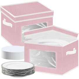 Pantryily China Storage Containers for Dishes Plate, 2 Pack Hard Shell Stackable Dinner Plates Storage Box Case with Lids, Window & Felt Dividers for Packing Dinnerware (Pink)