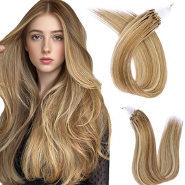 Eliysako Professional Microlinks hair extensions human hair #60/7 Chocolate Brown Mix Caramel Blonde 16inch 50G Microbead with Natural-Looking MicroLoop hair Extensions human hair for Daily Styling