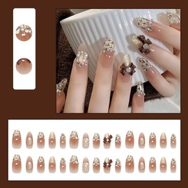 Glitter French Tip Press on Nails Medium Almond Nude Fake Nails Bow Pearl Gemstone Rhinestones Glue on Nails Full Cover Glossy Acrylic False Nails for Women DIY Manicure Decoration 30PCS