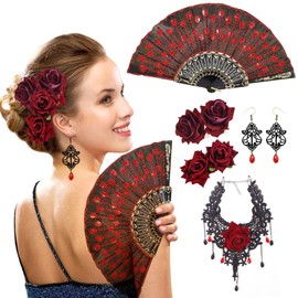 MLPKOI Rose Flower Blumen Haarspangen Haarklammern Haarspange Clip Fabric Hollowed Handheld Folding Fan Rutschfeste Haarklammer Blume Hawaii Haarspange Blume für Frauen Große Flower Hair Clip