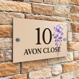 Badgemaster Modern Desert Beige House Number Sign Plaque Stainless Steel Standoffs 20cm x 13cm Blue Flower