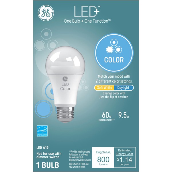 GE Lighting LED+ Color Changing Light Bulb, 2 Color Settings, No App or Wi-Fi Required, Remote Included, A19 Light Bulb (1 Pack)