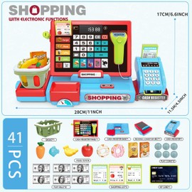 Cash Register Toys for Kids Pretend Play Store Supermarket Cash Register with Real Calculator,Scanner,Food,Microphone, Educational Learning Toy Playset Gift for Toddler Boy Girl (Blue)