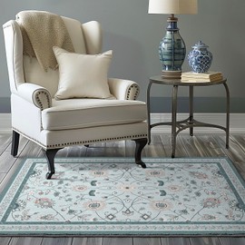 EVERGRACE Area Rugs for Living Room 3x5, Boho Floral Faux Wool Indoor Outdoor Rugs, Washable Rugs for Bedroom Entryway Dining Room Hallyway, Low Pile Floor Mat Carpet for Home Decor, Pale Blue