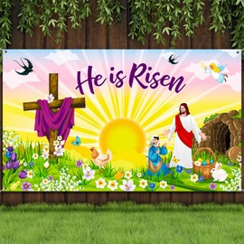 Gersoniel Easter He is Risen Backdrop Decorations Jesus is Live Photo Booth Background Resurrection Cross Easter Bible Banner for Easter Party Supplies, 72.8 x 43.3 Inches