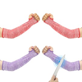 PATIKIL 16 Inch Cut Resistant Sleeve, 2 Pairs Arm Safety Protectors Sleeves with Thumb Hole Level 5 Protection Forearm Guard Sleeves for Thin Skin and Bruising, L, Purple/Red