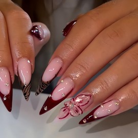 Long Press on Nails Stiletto Fake Nails French False Nails Brown Artificial Nails with Pink Flowers Designs Leopard Handmade Nails 3D Floral Stick on Nails for Women 24pcs