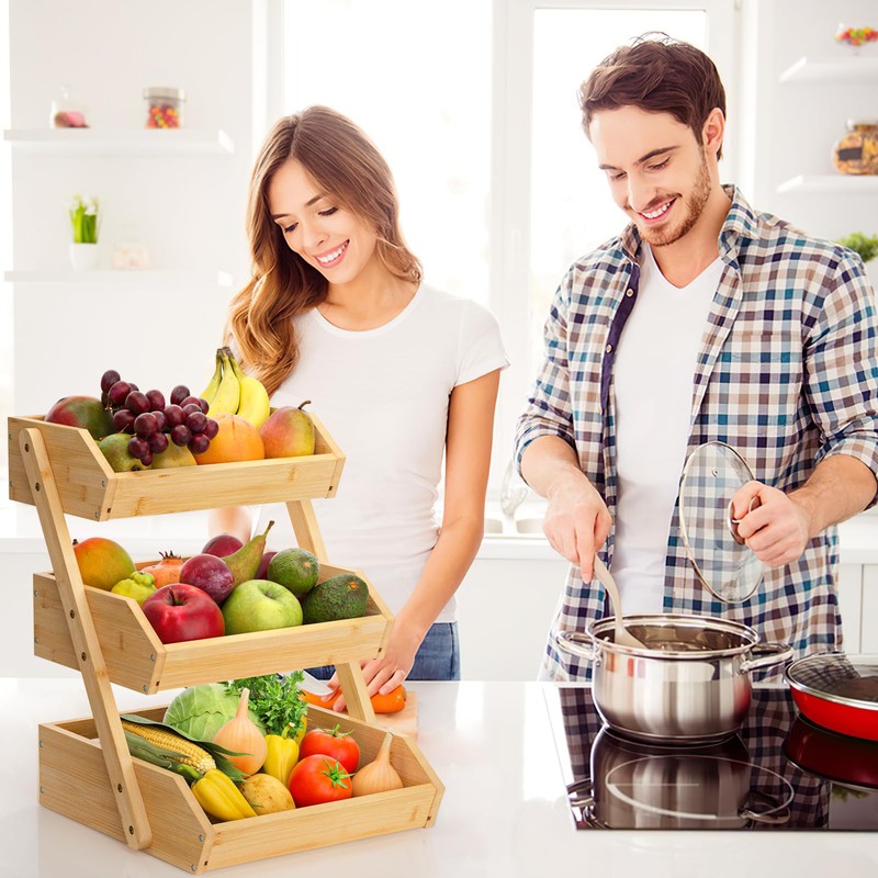 G.a HOMEFAVOR Bamboo Fruit Basket, Fruit Organizer for Kitchen Counter,