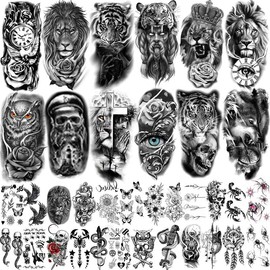 Teens 36 Sheets Large Black Arm Temporary Tattoos For Men Forearm Women Thigh, Half Sleeve Animals Lion Tiger Wolf Temp Tattoo Stickers Adults, Death Skull Compass Flower Fake Tattoos That Look Real Durable  Teens:_36 Sheets 