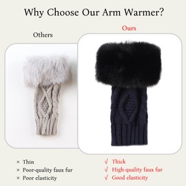 Knit Women Arm Warmer with Faux Fur Winter Fingerless Gloves Lady Fingerless Wrist Warmer Mittens (Navy)